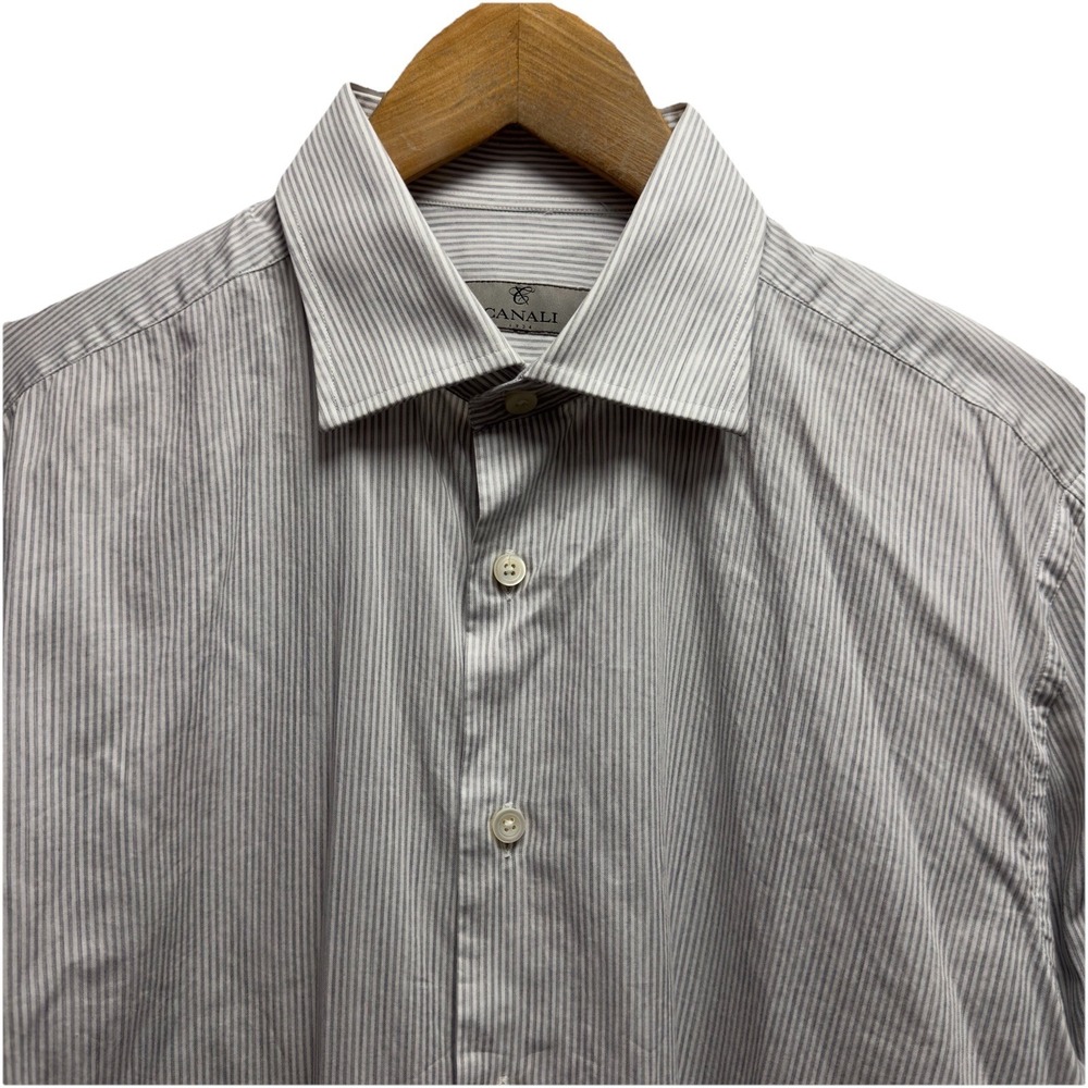 Canali Men's 41/16 White/Gray Striped Button Front Cotton Dress Shirt Italy euc